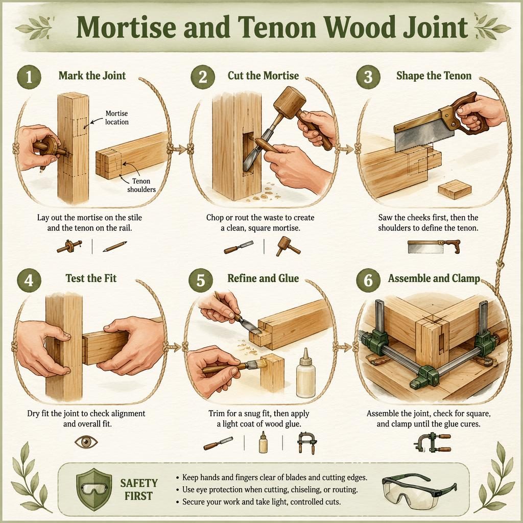 Watercolor DIY infographic with 6 numbered steps showing a mortise and tenon wood joint, tools, hands, captions, and safety notes.