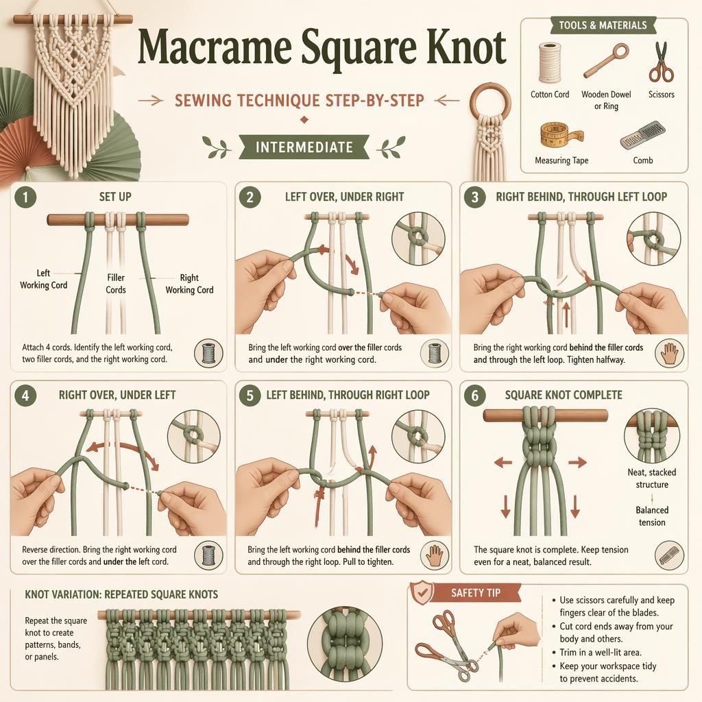 Minimalistische DIY-Infografik mit 6 nummerierten Schritten zum Makramee-Square-Knot, Kordeln, Händen, Pfeilen und Werkzeugicons.