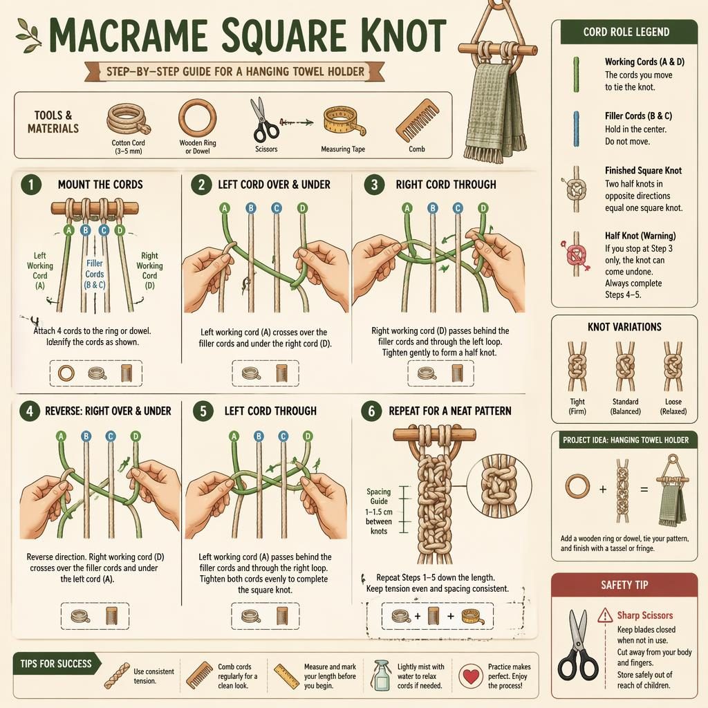 Sketchnote craft infographic with 6 numbered steps showing macrame square knot tying on a wooden ring with tools and legend.