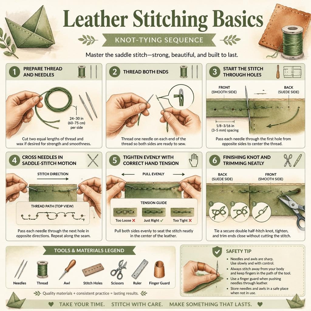 Vertikale DIY-Infografik in Aquarelloptik mit 6 nummerierten Schritten zu Lederstichen, Händen, Nadeln, Faden und Symbolen.