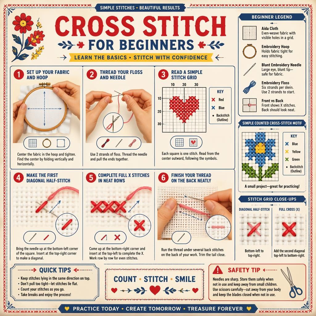 Vintage-style Cross Stitch for Beginners infographic with 6 numbered steps, stitch diagrams, tool icons, legend panel, and safety tip.