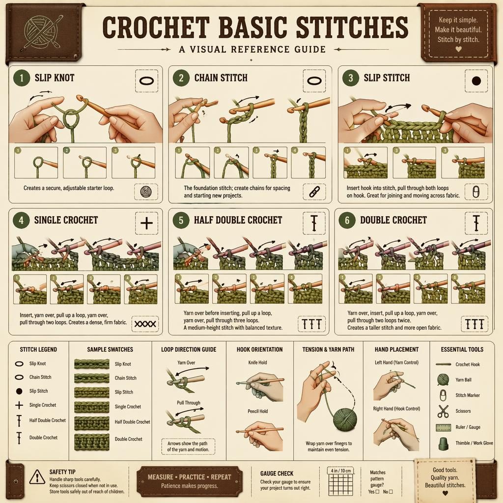 Infographic grid showing 6 crochet basic stitches with numbered panels, diagrams, hand positions, tool icons, legend, and swatches.