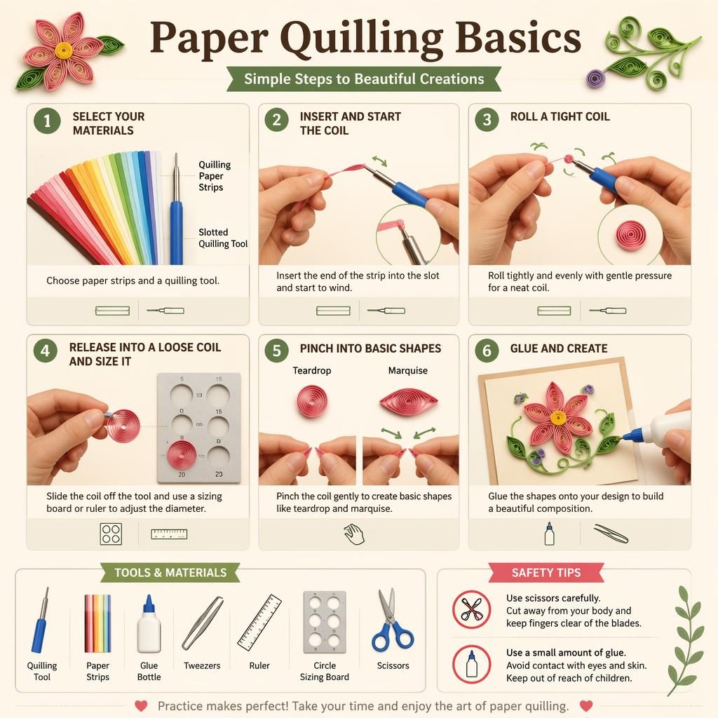Minimalistische Bastel-Infografik mit 6 nummerierten Schritten zu Paper Quilling, Werkzeug-Icons, Handpositionen und Blumenkarte.