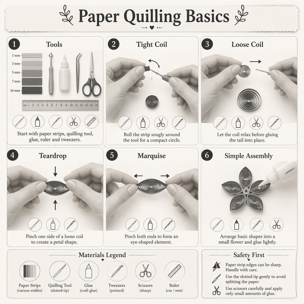 Monochrome DIY infographic with 6 paper quilling panels, tool legend, hand diagrams, arrows, and safety note.