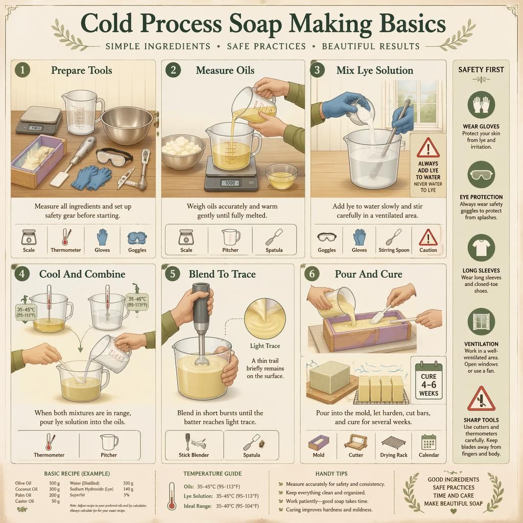 Beginner cold process soap making infographic with 6 numbered steps, safety side panel, tool icons, arrows, and labels.