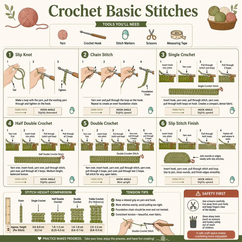 Minimal flat crochet infographic with 6 numbered stitch panels, English labels, hand positions, arrows, tool icons, and safety note.