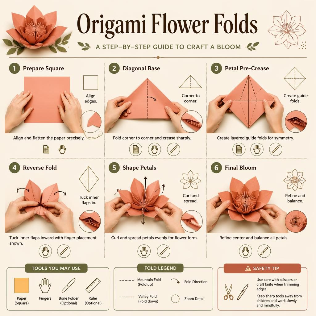 DIY infographic page showing 6 numbered origami flower folding steps with hands, arrows, fold symbols, icons, and safety tip.