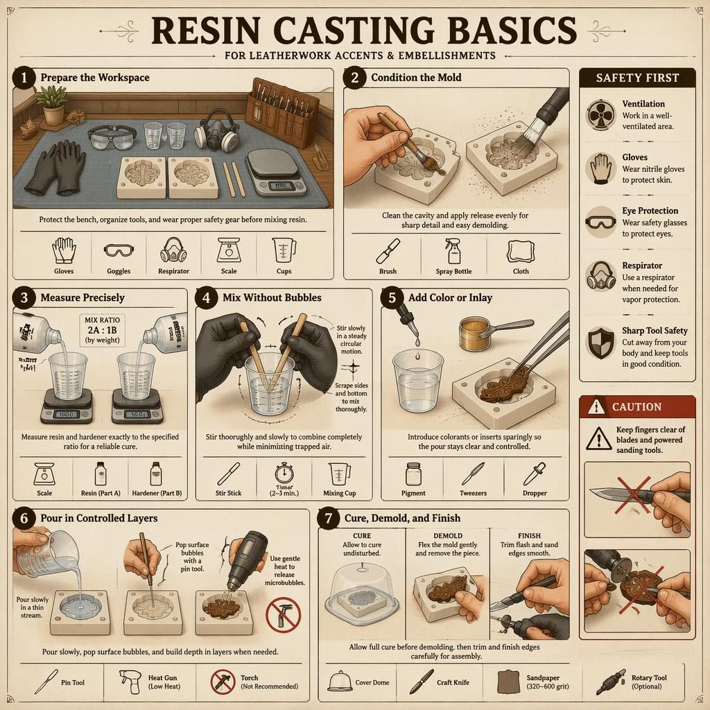 Technical DIY infographic showing 7 resin casting steps for leatherwork accents with safety sidebar, tools, and hand diagrams.