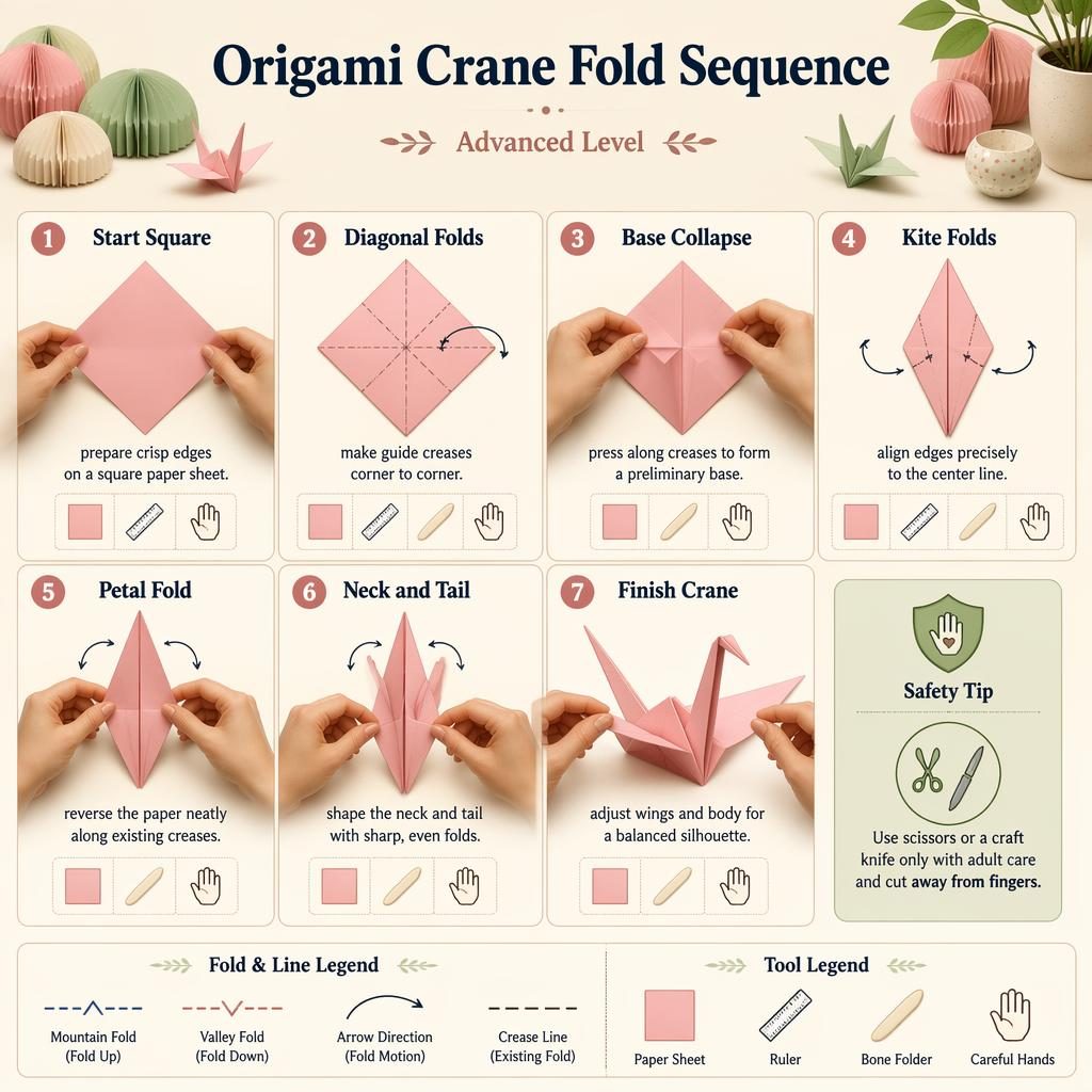 Pastellfarbene DIY-Infografik mit 7 nummerierten Schritten zum Origami-Kranich, Handpositionen, Faltdiagrammen und Werkzeug-Icons.