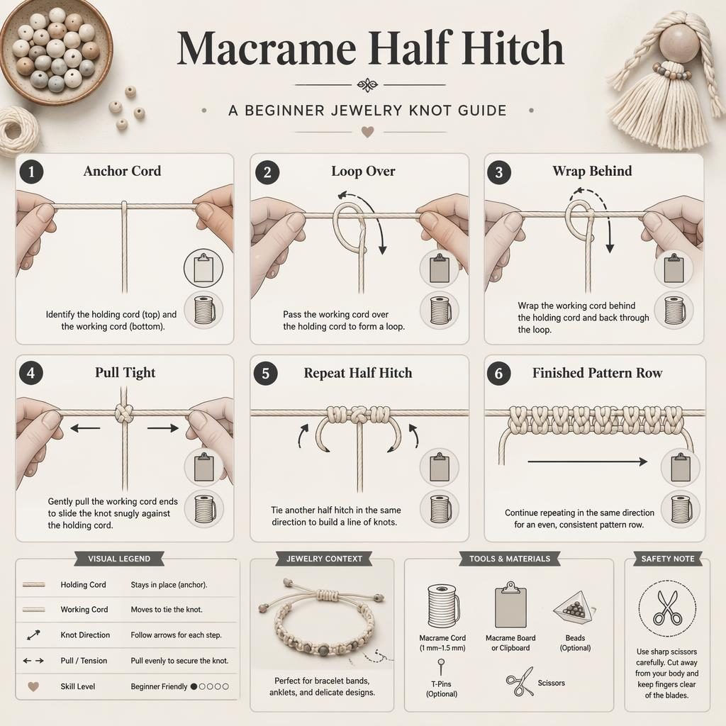 Monochrome macrame half hitch infographic with 6 numbered steps, hand diagrams, cord labels, arrows, legend, and safety icon.