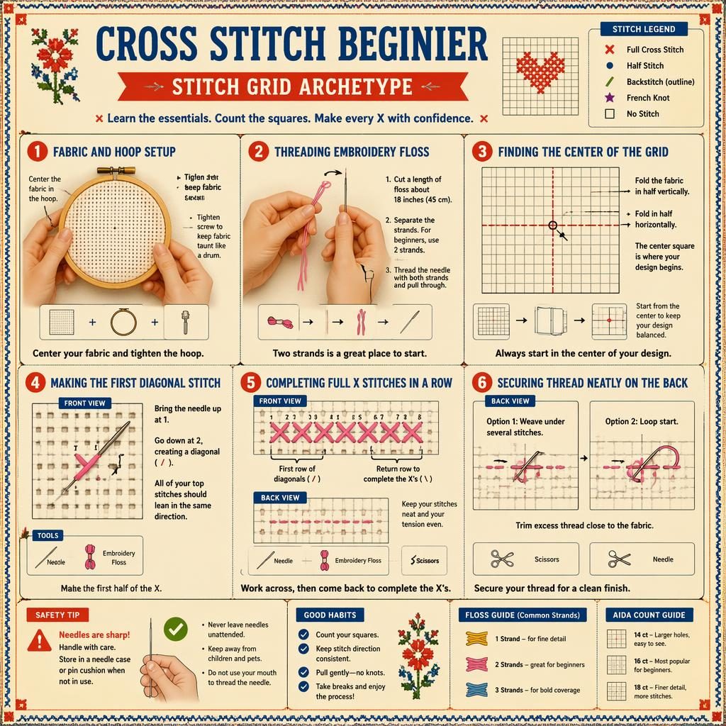 Vintage-style Cross Stitch Beginner infographic with 6 numbered stitch steps, hand diagrams, grid, hoop, needle arrows, and legend.