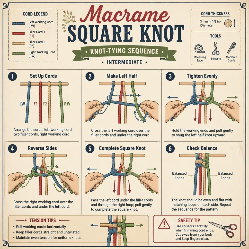 Vintage-style DIY infographic with 6 numbered steps showing how to tie a macrame square knot with colored cords and hand diagrams.