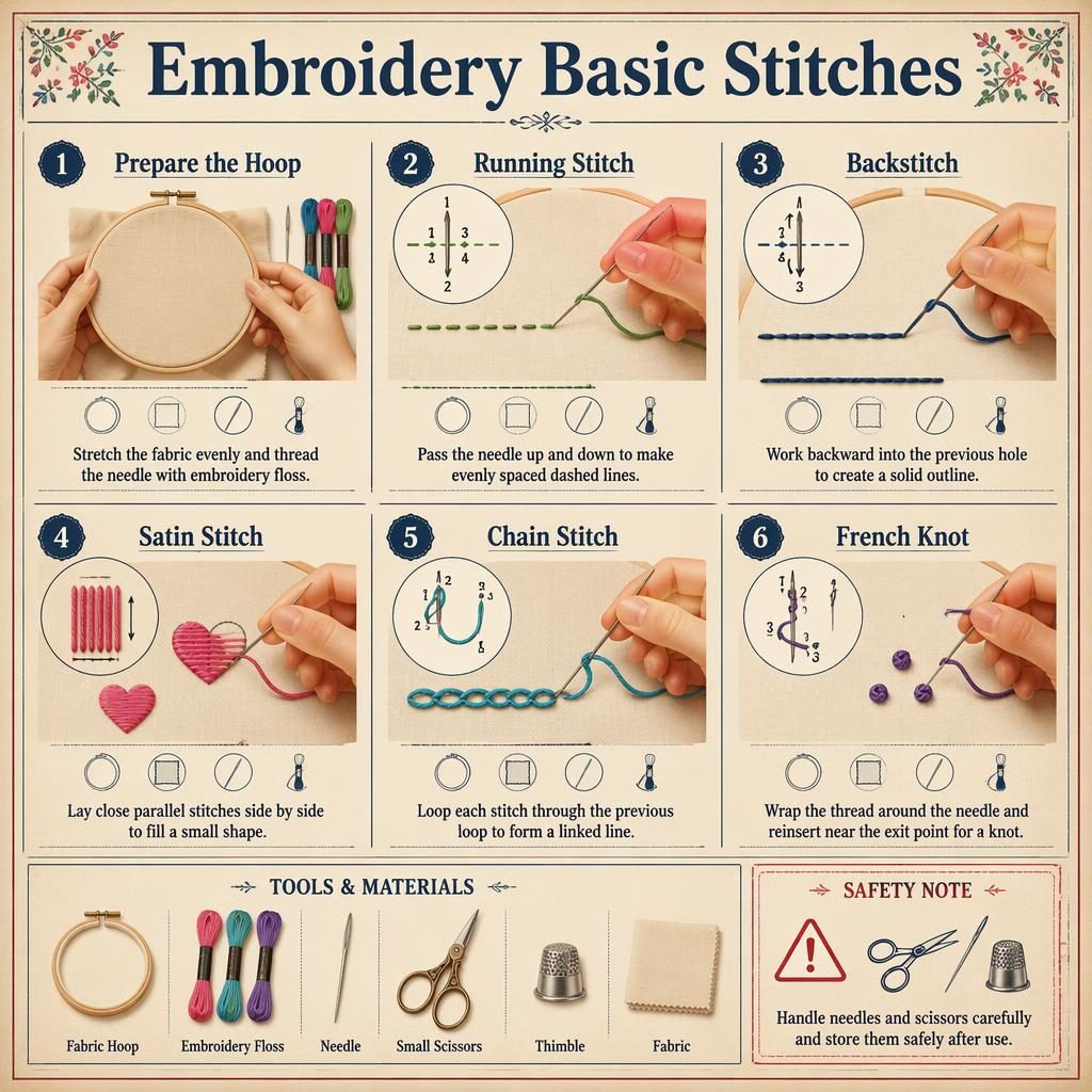 Vintage-style embroidery basic stitches infographic with 6 numbered steps, hand diagrams, hoop, needle, floss, arrows, and safety note.