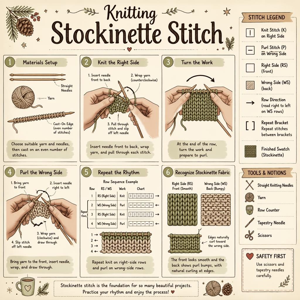 Muted earth-tone knitting infographic with 6 steps, stitch legend, hand positions, needles, yarn, arrows, and swatch diagrams.