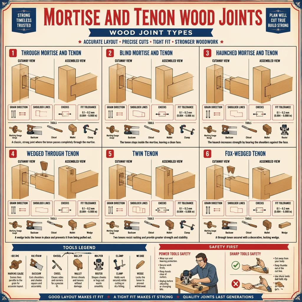 Vintage-style woodworking infographic with 6 mortise and tenon joint panels, tool icons, safety tip panel, and cream paper texture.