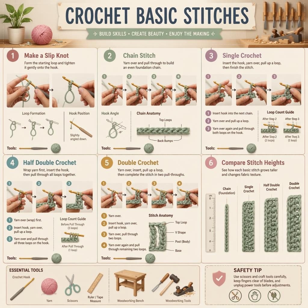 Pastel craft infographic with 6 crochet basic stitch steps, hand diagrams, arrows, tool icons, and workshop safety tip.