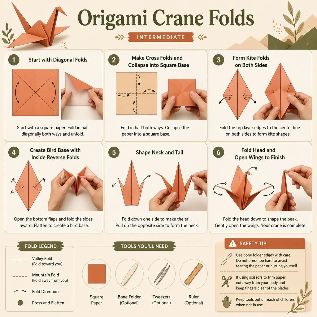 Minimalistische DIY-Infografik mit 6 nummerierten Schritten zum Falten eines Origami-Kranichs, Händen, Pfeilen und Werkzeugicons.
