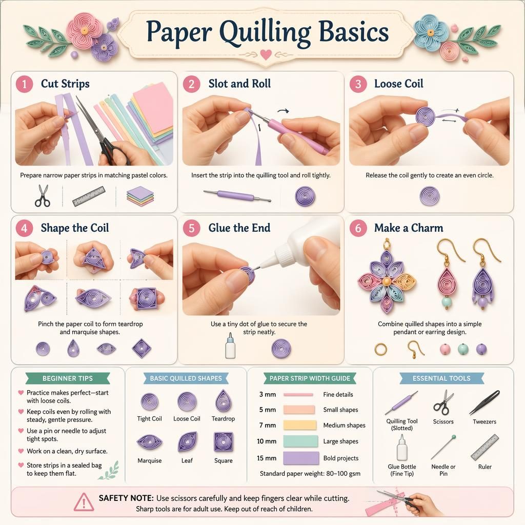 Pastel craft infographic showing 6 numbered paper quilling basics steps with hands, tool icons, beginner tips panel, and safety note.