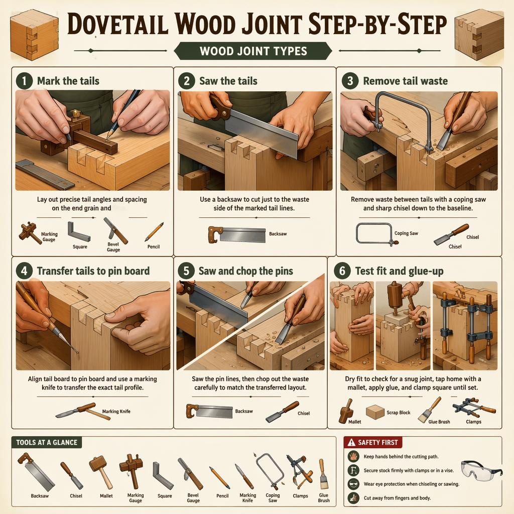 Flat infographic showing 6 numbered steps for making a dovetail wood joint, with hands, tools, diagrams, and safety callout.