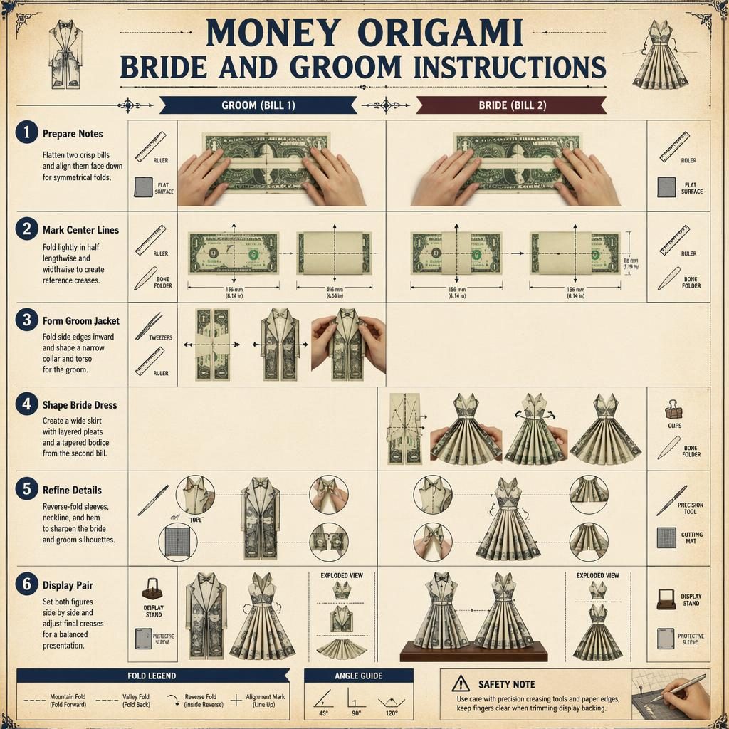 Vintage-style DIY infographic showing 6 steps to fold banknotes into bride and groom figures with hands, arrows, and tools.