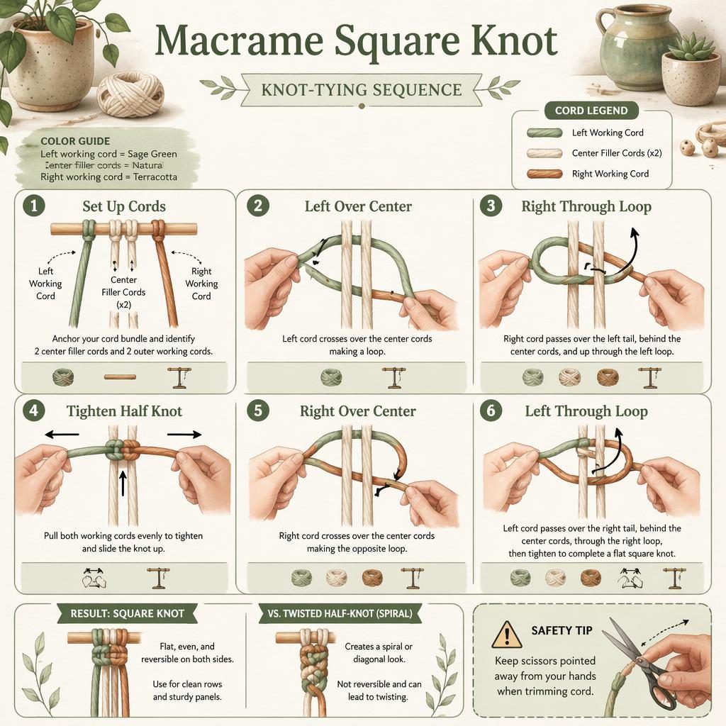 Watercolor craft infographic showing 6 numbered steps to tie a macrame square knot with color-coded cords and hands.