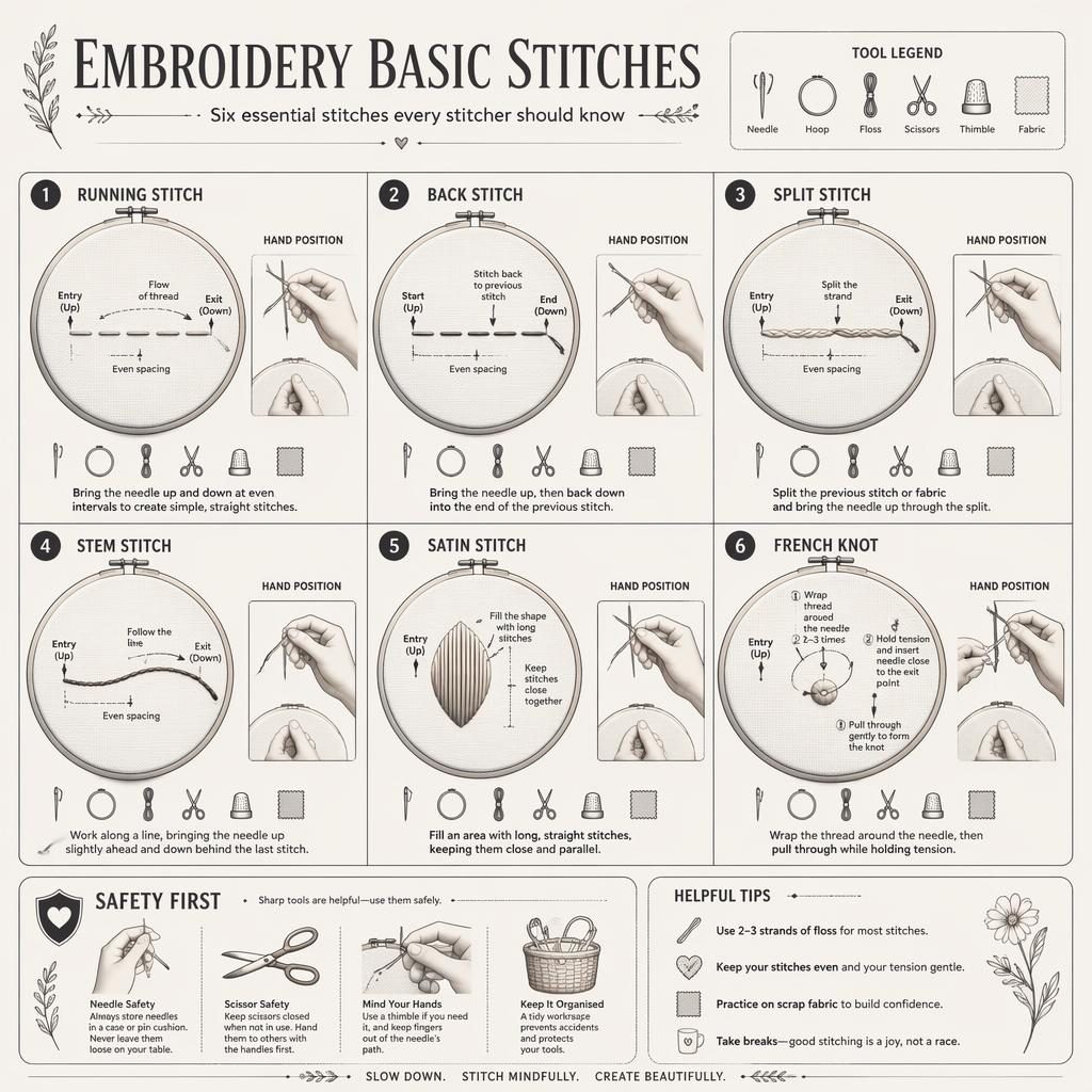 Monochrome embroidery infographic grid with 6 stitch panels, tool icons, hoop diagrams, hand insets, and safety tip.