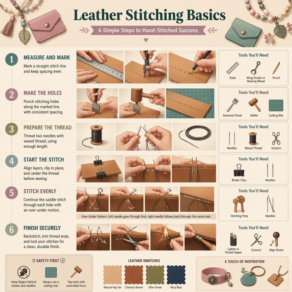 Pastel DIY infographic with 6 numbered leather stitching steps, tool icons, hand diagrams, captions, and a safety tip panel.
