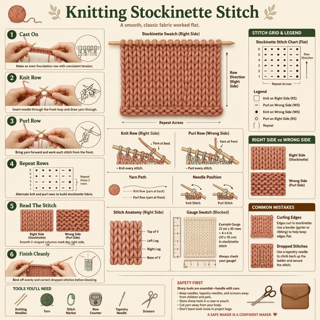 Knitting stockinette stitch infographic with 6 numbered steps, hand diagrams, stitch legend, swatch, tools, arrows, and safety tips.