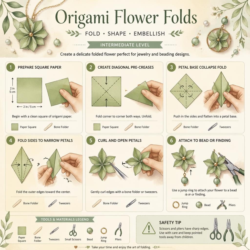6-step origami flower folding infographic with hands, tool icons, arrows, and bead attachment in sage and cream watercolor.