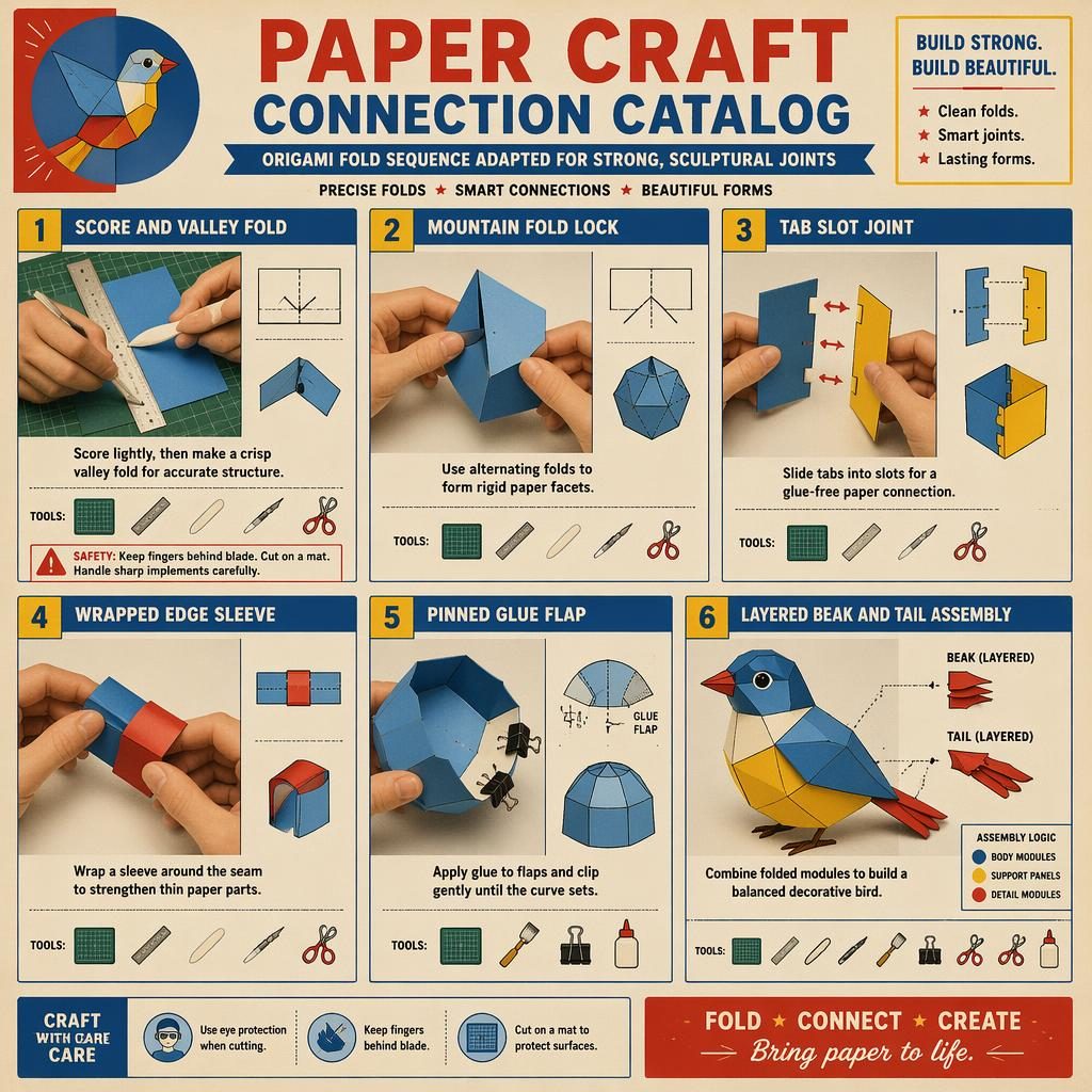 Vintage-style paper craft infographic with 6 numbered panels showing folds, tab slots, glue flaps, tools, safety notes, and bird assembly.
