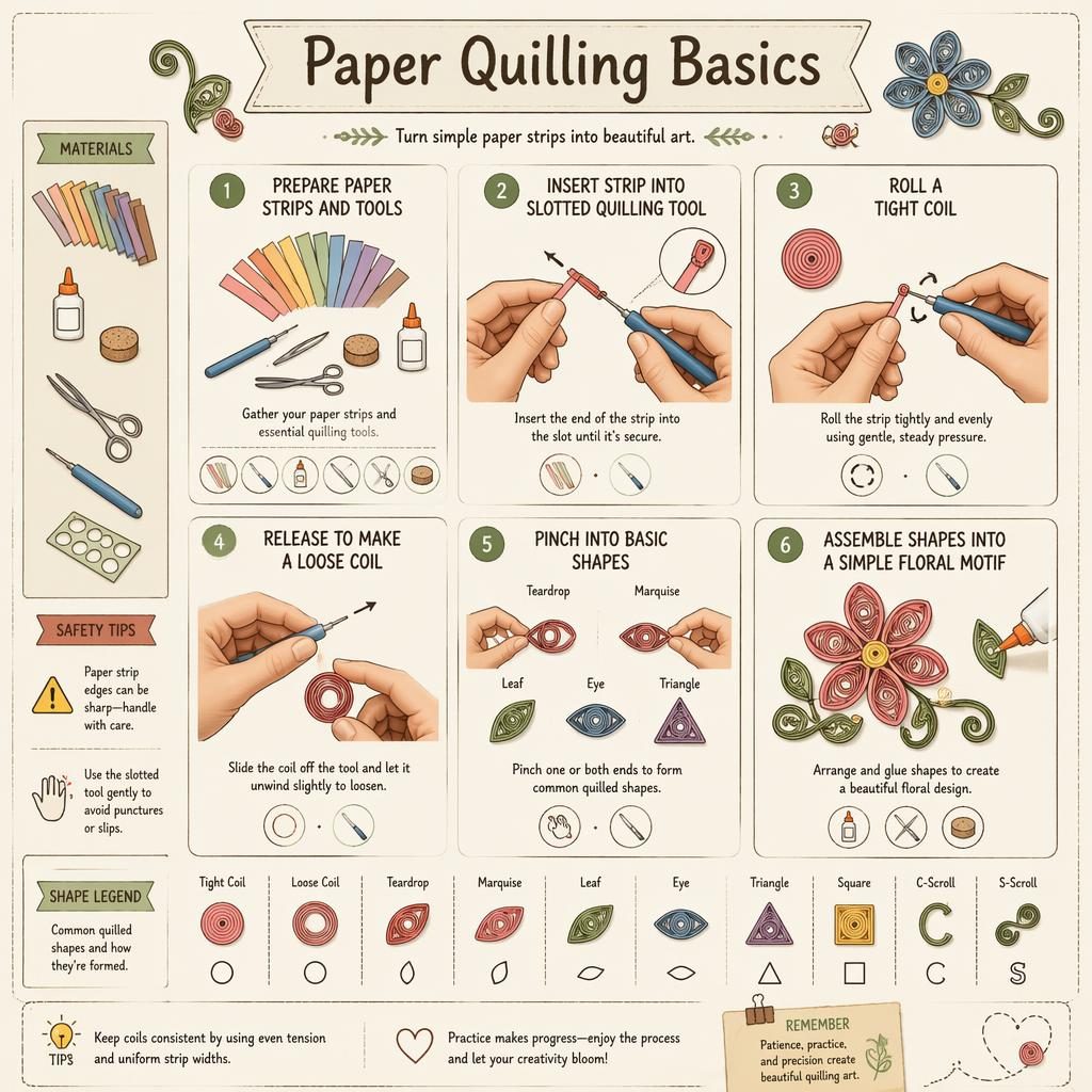 DIY-Infografik zu Paper Quilling Basics mit 6 nummerierten Schritten, Handdiagrammen, Werkzeug-Icons, Legende und Blumenmotiv
