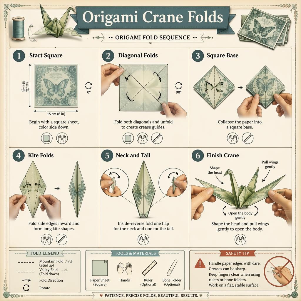 Infografik mit 6 nummerierten Origami-Kranich-Faltschritten, Handpositionen, Pfeilen, Legende und Sicherheitshinweis.