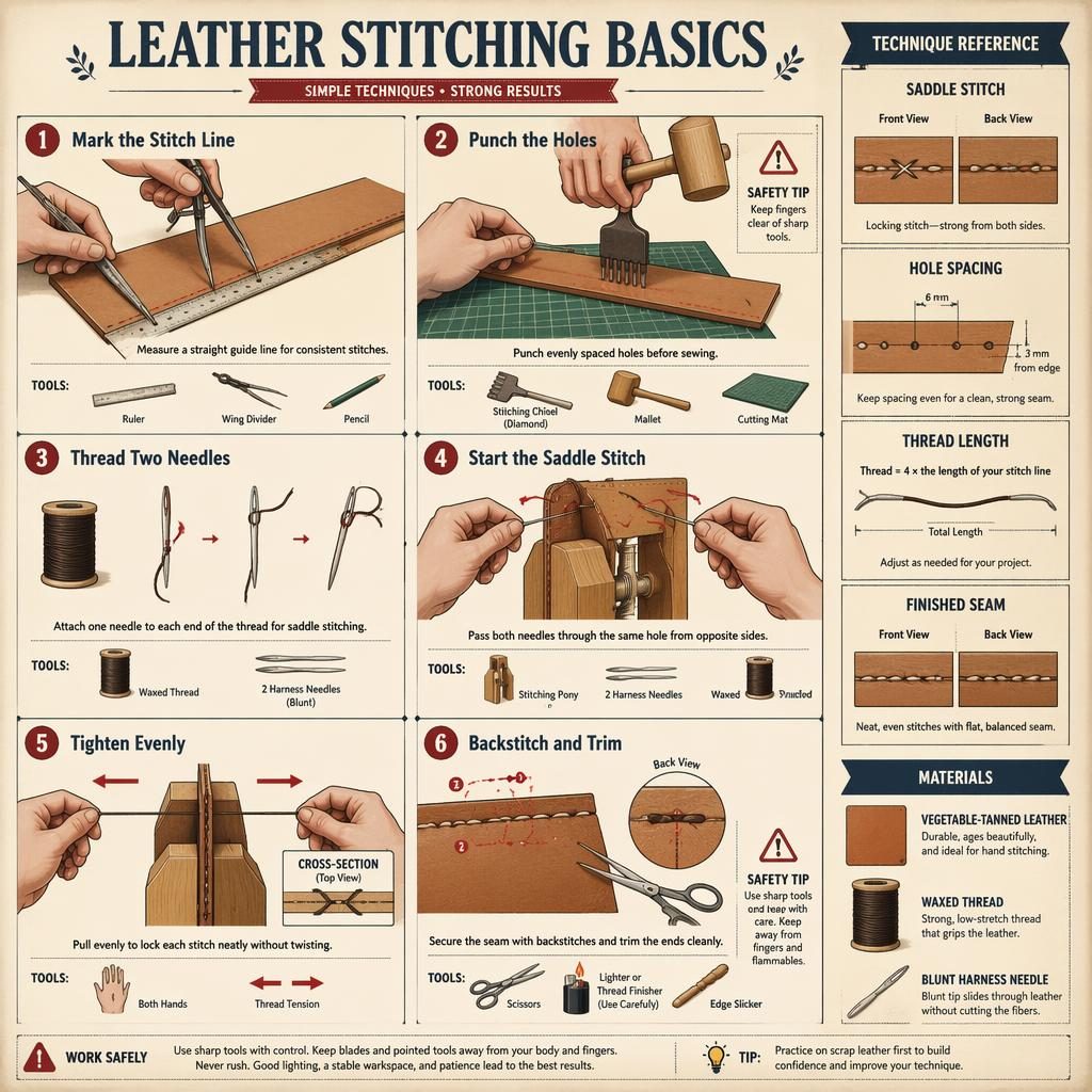 DIY-Infografik mit 6 nummerierten Schritten zum Lederstich, Werkzeug-Icons, Legendenfeld und cremefarbener Vintage-Palette.