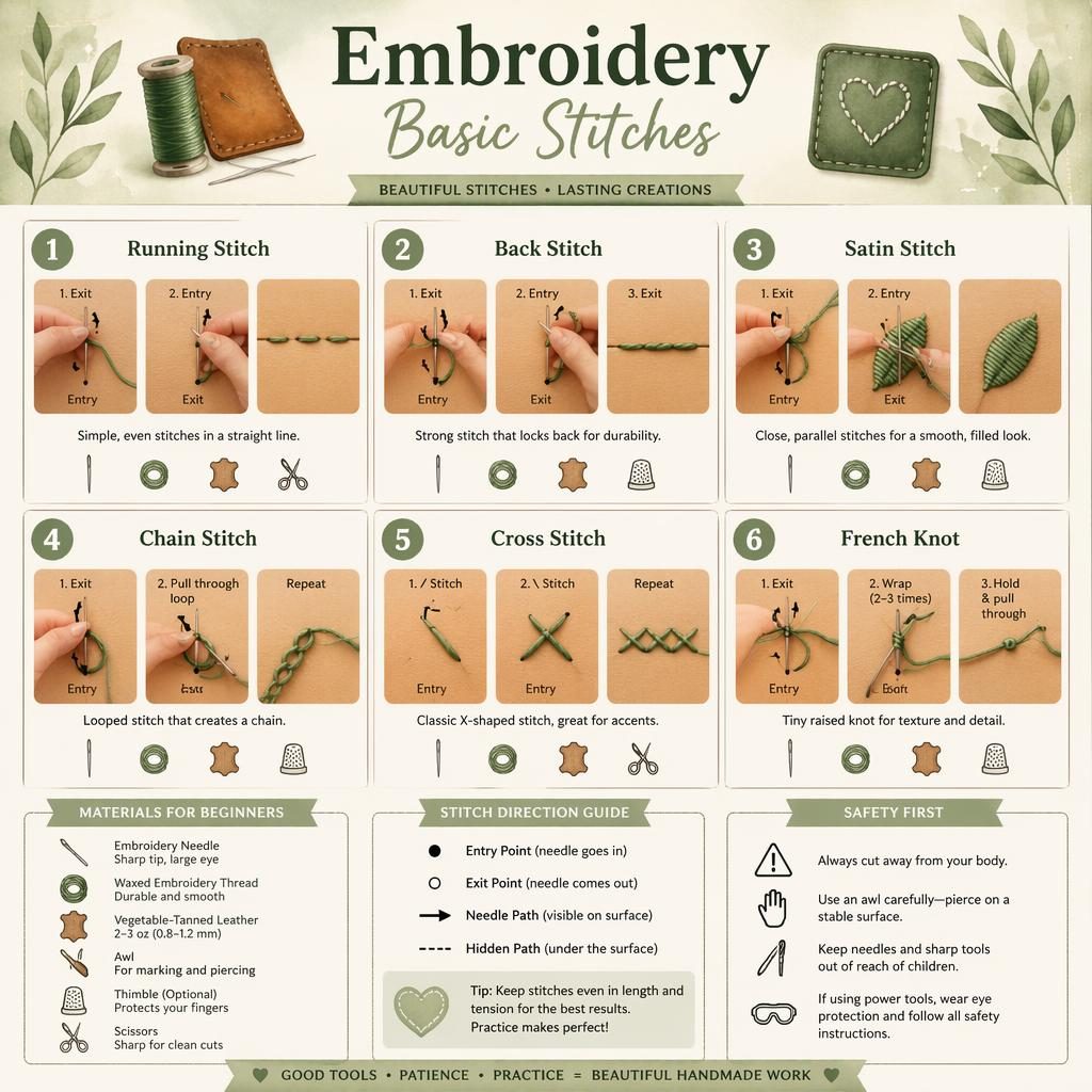Vertical watercolor infographic showing 6 basic embroidery stitches on leather with hands, needle paths, tool icons, and safety tip.