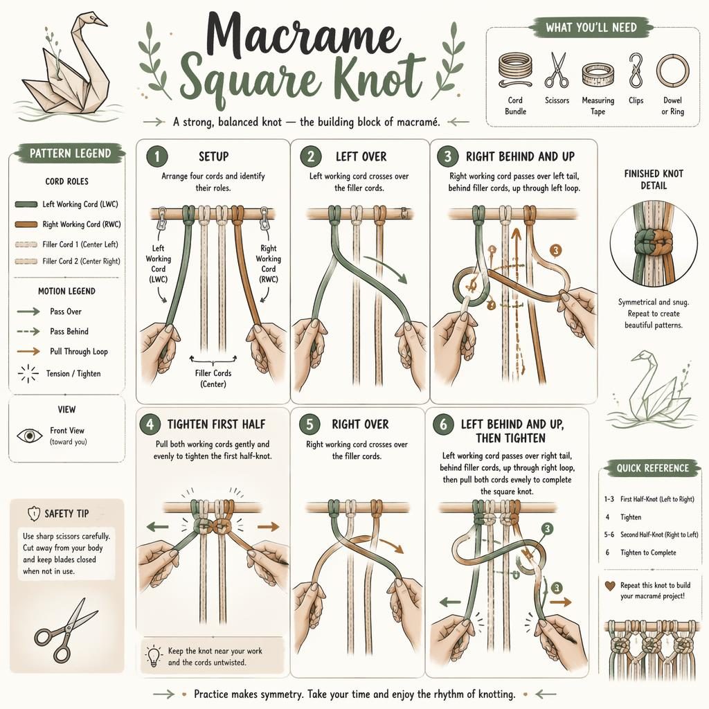 Sketchnote-Infografik mit 6 nummerierten Schritten zum Makramee-Square-Knot, Kordeln, Handpositionen, Pfeilen und Legende.