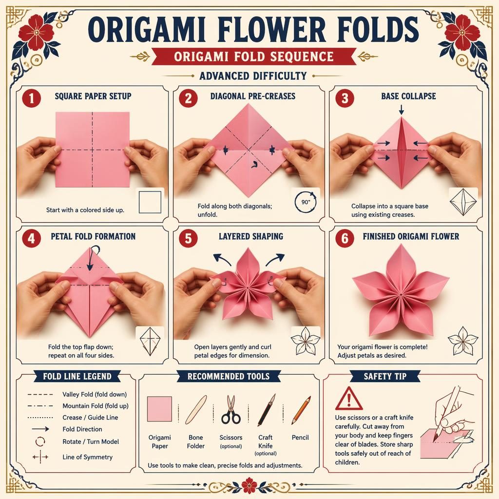 Vintage-style origami infographic with 6 numbered flower-fold steps, hand diagrams, fold symbols, legend panel, and tools.