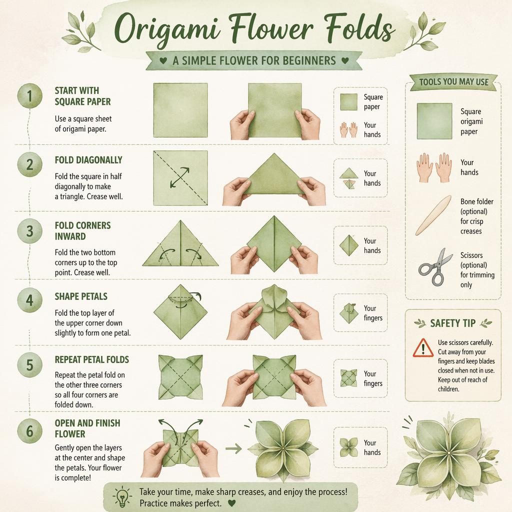 Infographie DIY en style aquarelle montrant 6 étapes numérotées pour plier une fleur en origami avec mains et schémas.