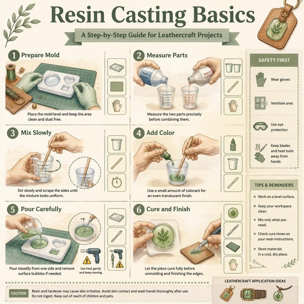Watercolor DIY infographic showing 6 resin casting steps with hands, tools, arrows, safety panel, and counted cross stitch tutorial cues.