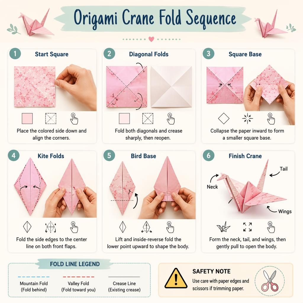 Pastel craft infographic shows 6 numbered steps folding an origami crane with hand guidance, fold diagrams, legend, and safety note.