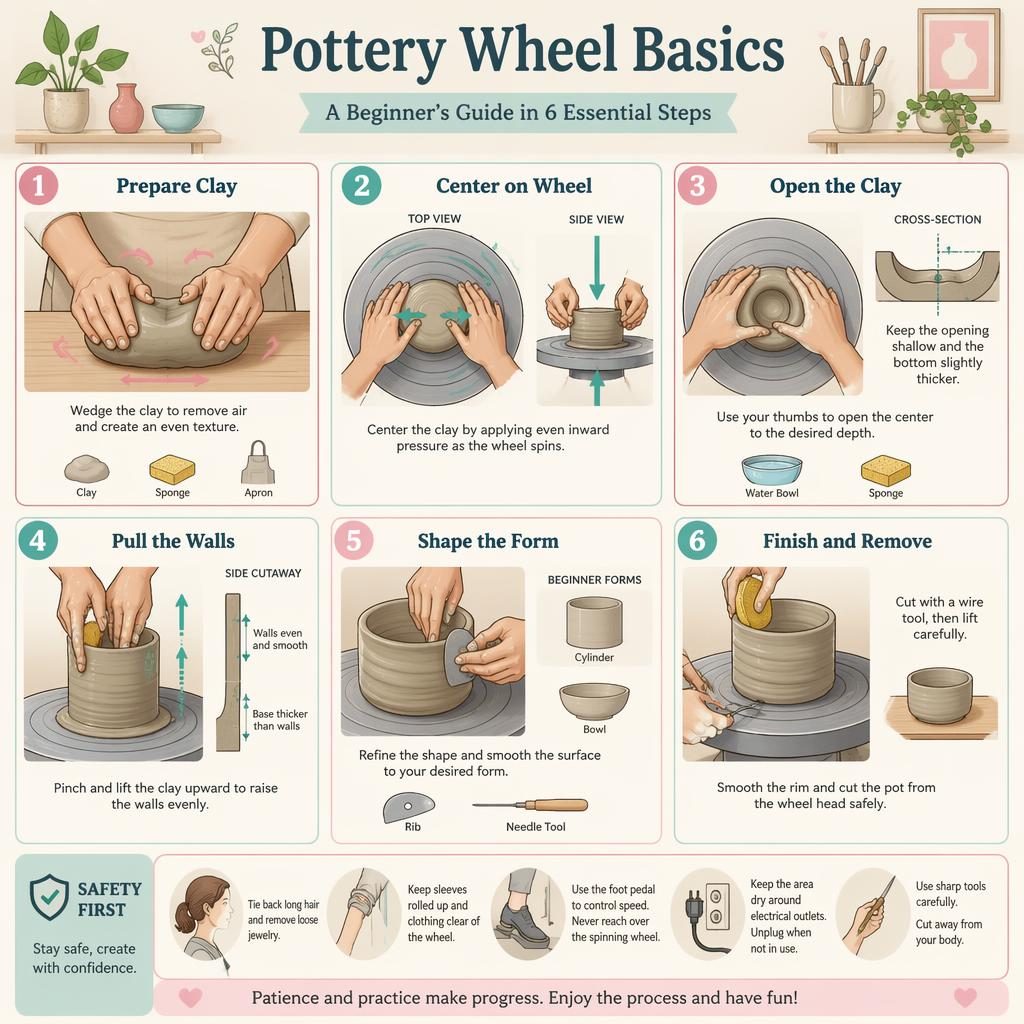 Pastel DIY infographic with 6 numbered pottery wheel basics steps, hand diagrams, tool icons, and a safety panel.