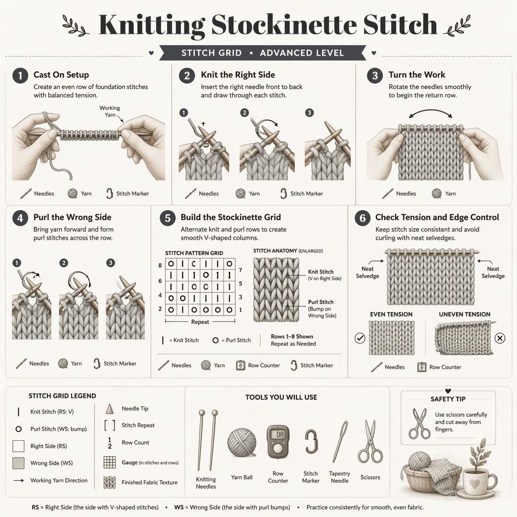 Minimalistische monochrome Strick-Infografik mit 6 nummerierten Schritten zum Stockinette Stitch, Händen, Nadeln, Legende und Werkzeug-Icons.