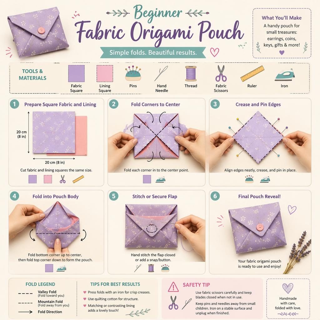 Pastel craft infographic showing 6 numbered steps to make a fabric origami pouch with fold diagrams, hands, tools, and safety tip.