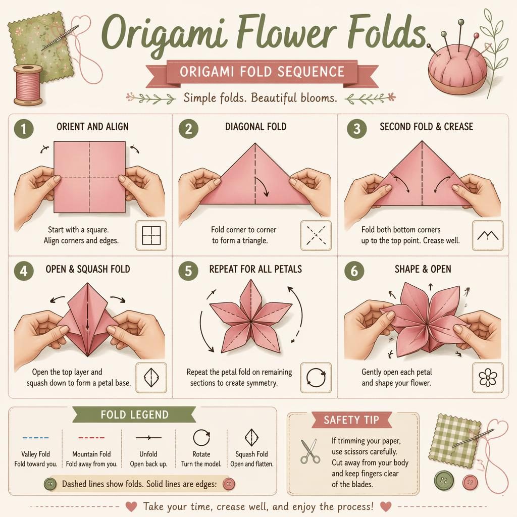 Sketchnote-Infografik mit 6 nummerierten Origami-Faltschritten, Handpositionen, Legende, Pfeilen und kleinem Sicherheitshinweis.