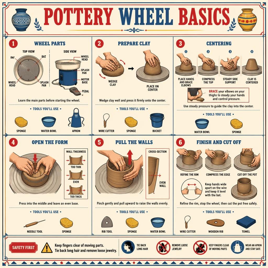 Vintage-style DIY infographic with 6 numbered panels showing pottery wheel basics, hand positions, tools, labels, and safety note.