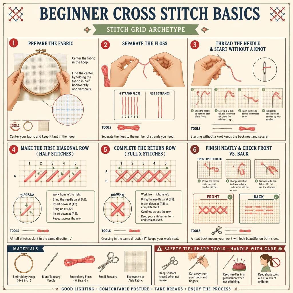Ordentliche DIY-Infografik mit 6 Schritten zum Kreuzstich, Materialleiste, Sicherheitsfeld und schematischen Handdiagrammen.