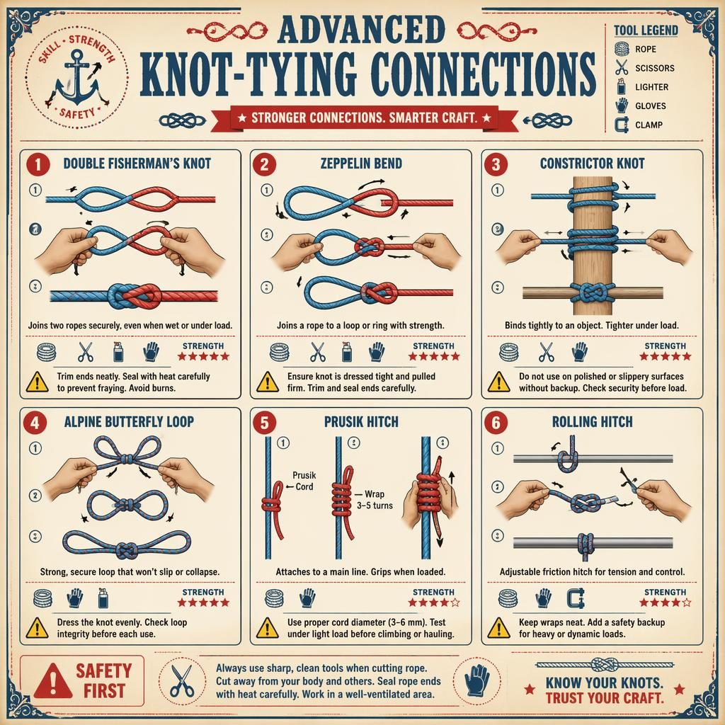 Vintage-DIY-Infografik auf cremefarbenem Papier mit 6 nummerierten Feldern zu fortgeschrittenen Seilverbindungen.