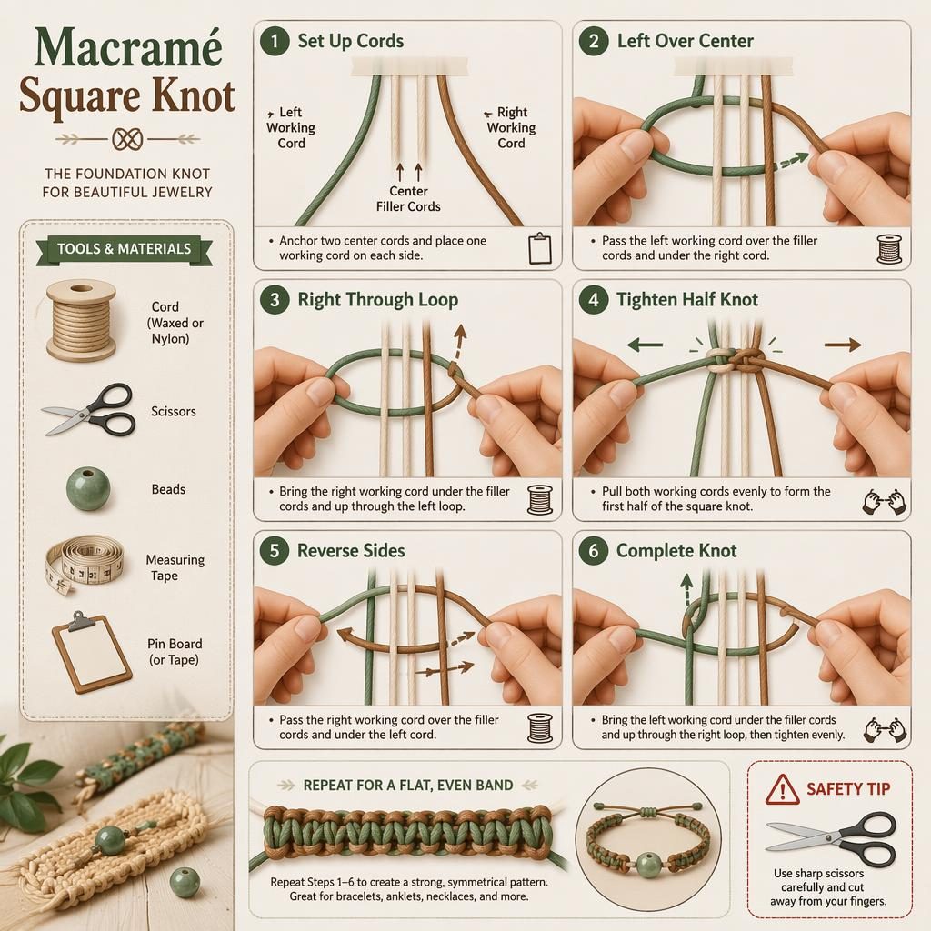 Flat DIY infographic showing 6 macramé square knot steps with hands, cord paths, tool icons, safety tip, and final band inset.