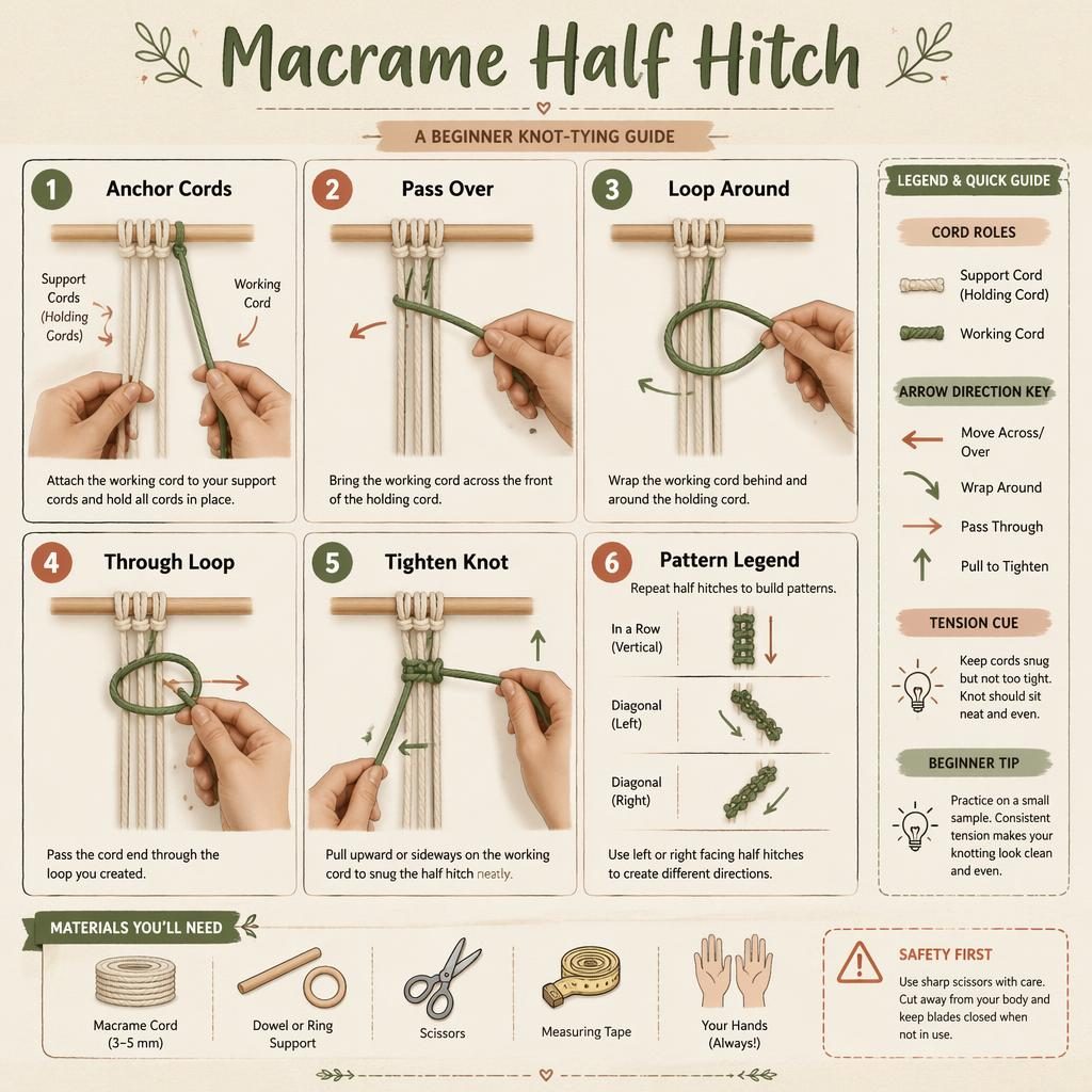 Makramee-Infografik im Sketchnote-Stil mit 6 nummerierten Half-Hitch-Schritten, Handpositionen, Pfeilen und Seitenlegende.