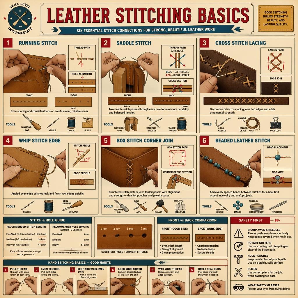 Vintage-style infographic with 6 numbered panels showing leather stitching basics, tools, hand positions, diagrams, and safety tip.