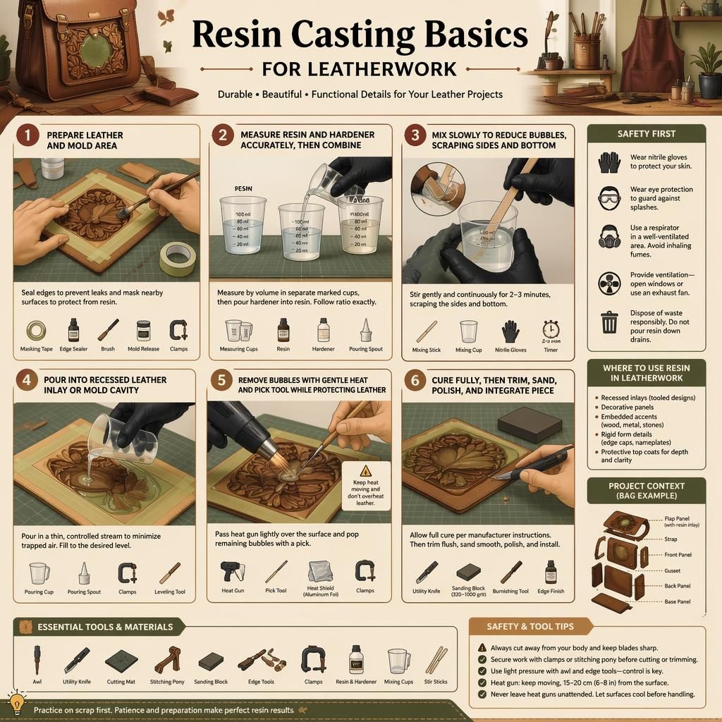 6-step DIY infographic on resin casting for leatherwork in a leather studio with bag panels, tools, safety icons, and hand demos.